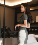 ミニドレスキャバドレスチック柄エレガントVネック小顔谷間見せ通勤エレガントタイトドレス WQ2-ZED889693A71