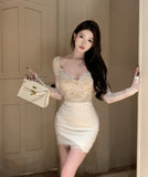 【2色】ミニドレス キャバドレス セクシー レース×タイトワンピース 長袖 Vネック 秋コーデ ギャル風 指名 クラブ パーティー JC2-XKDD310-3002-Sep7