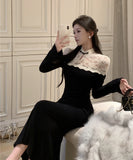 ロングドレス キャバドレス マーメイドドレス ニット 大人可愛い 上品 女性らしい モノクローム 拼接レース パーティー 二次会 JC2-XKDD337B-2016-Aug25