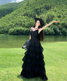 ロングドレス フレンチフェミニン エレガント レース切替 Vネック キャミワンピ ウエストシェイプ ティアードフレア 上品 大人可愛い デート お出かけ 結婚式 JC2-CD3-141-5510900