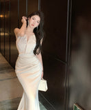 ロングドレス セクシー ホワイトサテン ホルターネック マーメイドロングドレス エレガント 結婚式のお呼ばれ パーティー JC2-XKDD200-0615A-Sep3