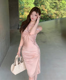 Lady's coco 膝丈ドレス キャバドレス セクシー アシンメトリー セクシー ねじりデザイン ピンク オフショルダー ベアトップ タイトワンピース ウエストマーク LW2-CD5-109-85060480