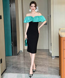 手作りドレス高級感膝丈ドレスフリルおしゃれエレガント着痩せ気質宴会パーティー WQ2-JY21140