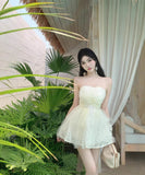 ミニドレスベアトップふわふわAラインチュールパーティードレス谷間見せ誕生日ドレスセクシー WQ2-DD4554