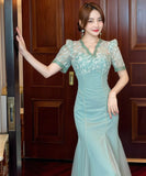 ロングドレス手作りドレス高級感レースチュールマーメイドドレスVネック小顔着痩せ気質宴会パーティー二次会高級感 WQ2-JY21099