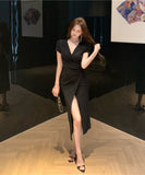 ロングドレス キャバドレス セクシー フェミニン キラキラ セレブ風 Vネック クロスヘム ボディコン ハイスリット パーティー JC2-LQE1205HF350