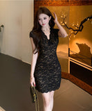 ミニドレス キャバドレス 上品セクシー エレガント ボディコン フレンチスタイル Vネック レース 着痩せ パーティー 二次会 結婚式のお呼ばれ JC2-LQE1204