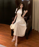 ロングドレス エレガント パールカラー フレンチスタイル ハイウエスト Aライン フレア パーティー デート 結婚式のお呼ばれ JC2-LQE1201HF350