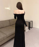 ロングドレス セクシー立体フラワーオフショルダーワンピース ハイウエスト タイトスリットドレス 長袖 ステージ衣装 パーティー JC2-DD5524