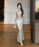 ロングドレス エレガント ノースリーブ ホルターネック 美シルエット マーメイドタイト 結婚式のお呼ばれ パーティー JC2-CD7-502-34000620