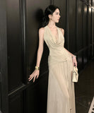 ロングドレス キャバドレス セクシー 名媛風 ホルターネック レース切り替え ドレープネック バックレス リボンタイ タイトシルエット キラキラ パーティー JC2-CD3-245-90660680