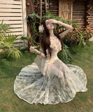 ロングドレス リゾートウェア 着痩せシルエット ホルターネック レース拼接 立体フラワープリント JC2-CD7-323-80900850