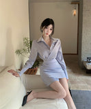 ミニドレス 長袖ブルーシャツワンピース アシンメトリータック ショート丈 秋コーデ 通勤・お出かけ用 デート 上品デザイン  JC2-DD5574