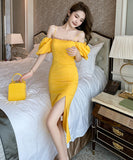 手作り 膝丈ドレス 高品質 かわいい セレブ風 おしゃれ パフ袖 YH2-JY20528