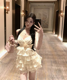 ティアードスカートミニドレスホルターネックカワセクシーパーティー誕生日パーティーリボン手作りドレスセクシー谷間見せ WQ2-XKD-D318A-6304-Apr9