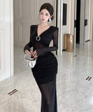 Lady's coco ロングドレス キャバドレス セクシー ストーン 深Vネック シースルー タイト マーメイドワンピース LW2-OYF8722