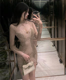 Lady's coco ミニドレス キャバドレス セクシー レース カットアウト タイトミニワンピース 長袖 ウエストマーク ボディコン デート LW2-DD5916