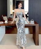 ロングドレスキラキラキャバドレスベアトップセクシー高級感誕生日パーティー宴会マーメイドドレス WQ2-DD4299