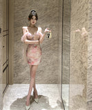 ミニドレス フレンチ エレガンス 手作りビジュー ベアトップ タイトフィット セクシー キャバドレス  プリント ショートワンピース 2024年新作 KS2-YXY808