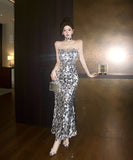 ロングドレスキラキラキャバドレスベアトップセクシー高級感誕生日パーティー宴会マーメイドドレス WQ2-DD4299