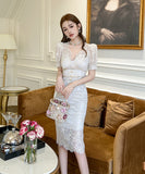 2色 レース 手作り 膝丈ドレス高品質 Ｖネック セレブ風 おしゃれ YH2-JY20459