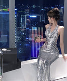 ロングドレスキャバドレスキラキラホルターネック谷間見せイベント高級感華奢感ナイトドレスセクシー誕生日パーティー宴会 WQ2-ZED883589HS109