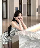 【上下セット】ミニドレス ツイードセット手作り チェック柄 ホルターネックバックレスカワセクシー セレブ風 通勤 エレガント WQ2-XKD-D529-6672-Feb20