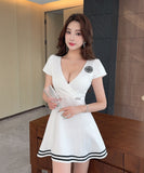 【2色】 ミニドレス キャバドレス セクシー Vネック ダブルボタン ウエストマーク 半袖 ワークワンピース 大人カジュアル デート  LW2-DD5873