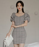 ミニドレス キャバドレス かわいい チェック 着痩せ おしゃれ パフ袖 YH2-ZED882568BH506