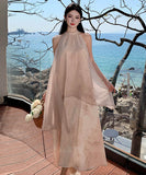 ロングドレスサンドレスフリルスレーブレス着痩せ気質体型カバー高級感チュール WQ2-CD-6-601-60210650