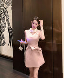 ミニドレスAラインリボン着痩せ気質パーティー宴会セレブ風夏エレガントSNS話題同伴 WQ2-MXX2210