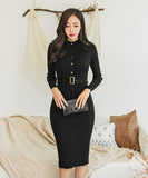 Lady's coco 膝丈ドレス キャバドレス セクシー 韓国スタイル ニットタイトワンピ 半ハイネック スリムフィット ウエストマーク ミディ丈 LW2-DD6029