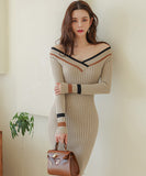 Lady's coco 膝丈ドレス キャバドレス セクシー 韓国スタイル 新作 バイカラー タイトワンピース オフショルダー LW2-DD6033