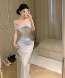 ロングドレスチュールオフショルダーセクシーエレガントフラワーパーティー演奏会宴会セクシーレース WQ2-ZED888626DXH238A