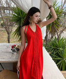 ロングドレスホルターネック体型カバー着痩せ気質旅行バックレスドレス旅行サンドレス WQ2-CD6-601-82750580