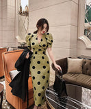 ロングドレスパフスリーブ水玉柄エレガントセクシー通勤韓国っぽハイウエスト着痩せVネック WQ2-ZED883562A71