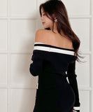 Lady's coco ミニドレス キャバドレス セクシー ニットワンピース オフショルダー バイカラー デザイン デート 女子会 LW2-DD6034