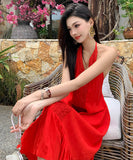 ロングドレスホルターネック体型カバー着痩せ気質旅行バックレスドレス旅行サンドレス WQ2-CD6-601-82750580