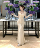 Lady's coco ロングドレス キャバドレス セクシー レース切り替え リボン付き フェイクツーピース タイトマーメイドワンピース ウエストシェイプ パーティー 二次会 披露宴 デート LW2-OYF5693