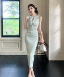 4色ロングドレスニットドレスセクシーノースリーブ谷間見せエレガント通勤 WQ2-ZED889095GT513