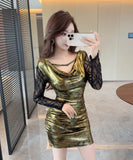 【3色】ミニドレス キャバドレス セクシー スパンコール  タイトワンピース Vネック レース切り替え メタリック風 ストレッチ素材  着痩せ LW2-DD5838