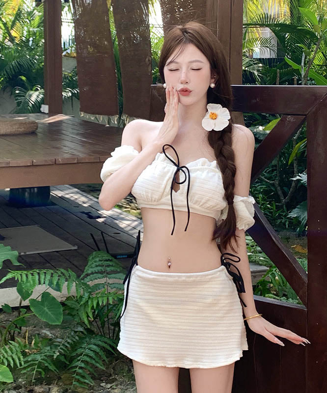 3点式セットビキニ水着ワンピパフスリーブオフショルダー温泉旅行ビキニ海大人可愛いモノキニタンキニ WQ7-CQ-GE