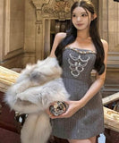 手作りドレスツイードドレスミニドレス高級感セレブ風キラキラ宴会パーティー着痩せ気質 WQ2-GZXX-001