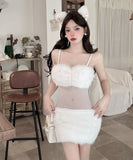 【2色】 ミニドレス キャバドレス セクシー キャミソールワンピース 透けメッシュ×フェザー切り替え タイトセクシー ドレス Vネック LW2-DD6013