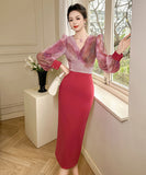 2色 手作り 膝丈ドレス 高品質 宴会 チュール Ｖネック 高級感 おしゃれ YH2-JY70253