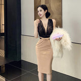 Lady's coco セクシー ボディコン フレンチスタイル ニットワンピース タイト 膝丈 ウエストマーク 上品 気質 大人可愛い 秋冬新作 LW2-XKDD445-2592-Oct10