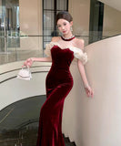 【2色】 ロングドレス キャバドレス セクシー ベロア マーメイドドレス ビジュー 仕上げ ウエストシェイプ シルエット 二次会 パーティー 披露宴 上品 LW2-OYF8731