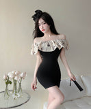 2色オフショルダードレスミニドレスタイトドレスフリル可愛い女子力エレガント同伴着痩せ気質 WQ2-SJHY-X4674