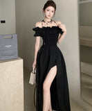 【2色】ロングドレスオフショルダーフリル着痩せ気質スリートカワセクシー宴会パーティー WQ2-XKD-D337B-3186-Mar9