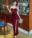 Lady's coco ロングドレス キャバドレス  セクシー ベロア キャミワンピース スリット入り 上品セクシー ハイウエスト ドレス  結婚式 二次会 披露宴 パーティー 上品 LW2-DD5946